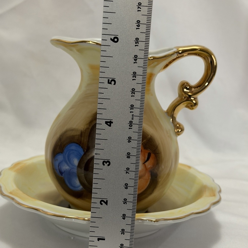 VTG Original Artmark Japan Pitcher & Bowl Set Hand Painted Fruit Gold Handle MCM - Picture 16 of 16